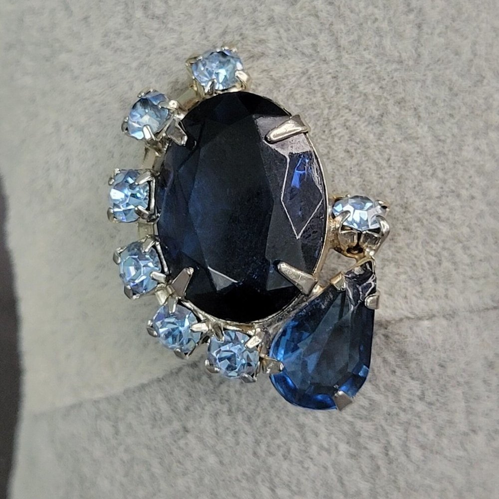 Juliana DE Blue AB Aurora Borealis Rhinestone Cabochon Clip On Earrings Vintage - Picture 4 of 8